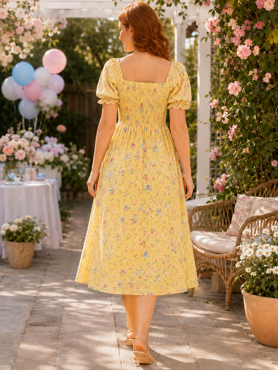 Yellow floral square neck puff sleeve A-line midi dress back view