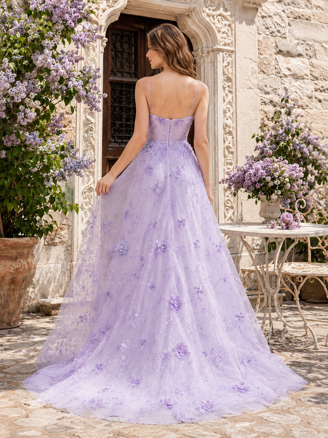 Lavender Garden Strapless Floral Organza A-Line Wedding Dress back view