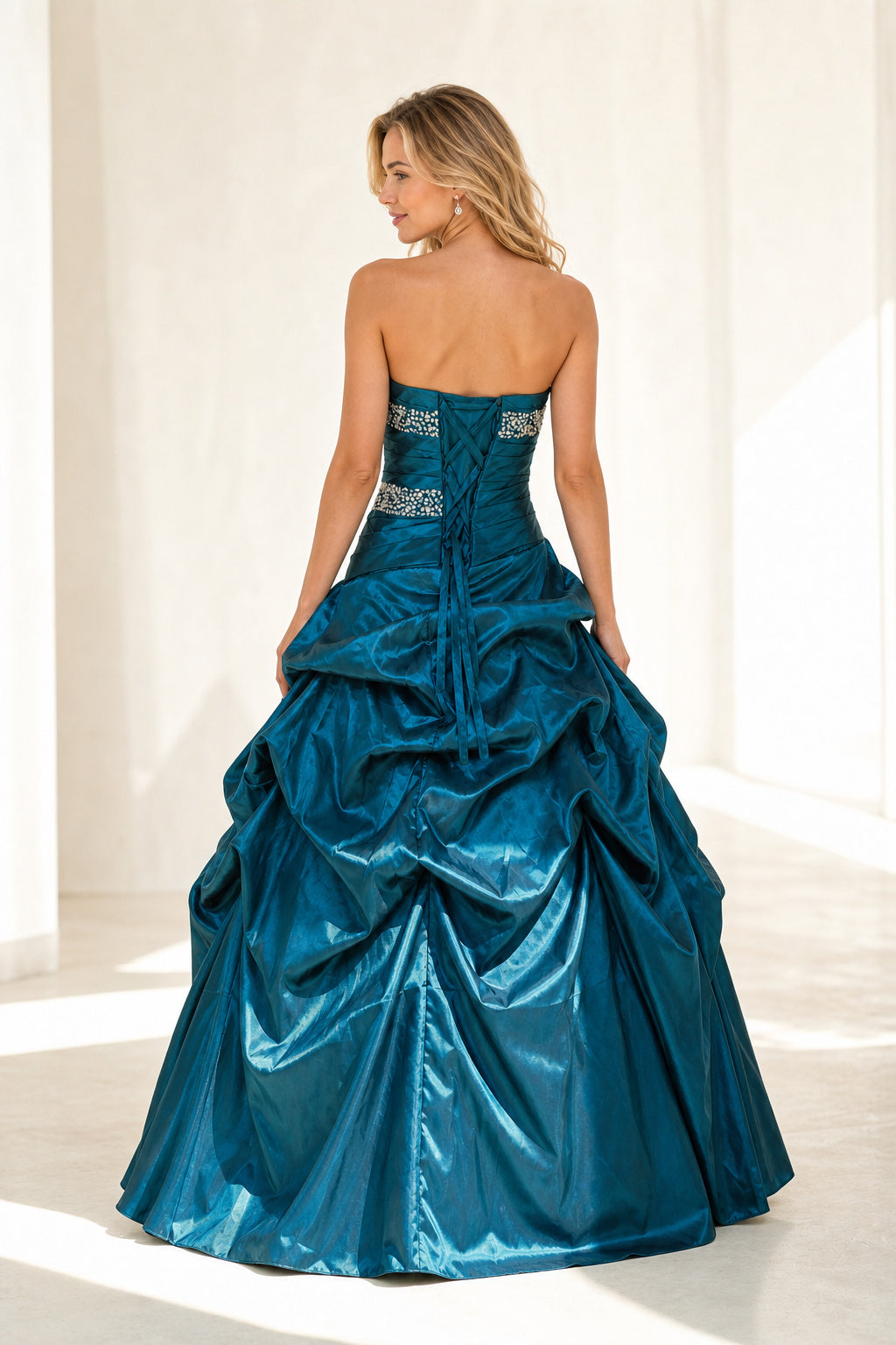 Teal Strapless Sweetheart Ball Gown Satin Dress With Draped Pick-Up Skirt