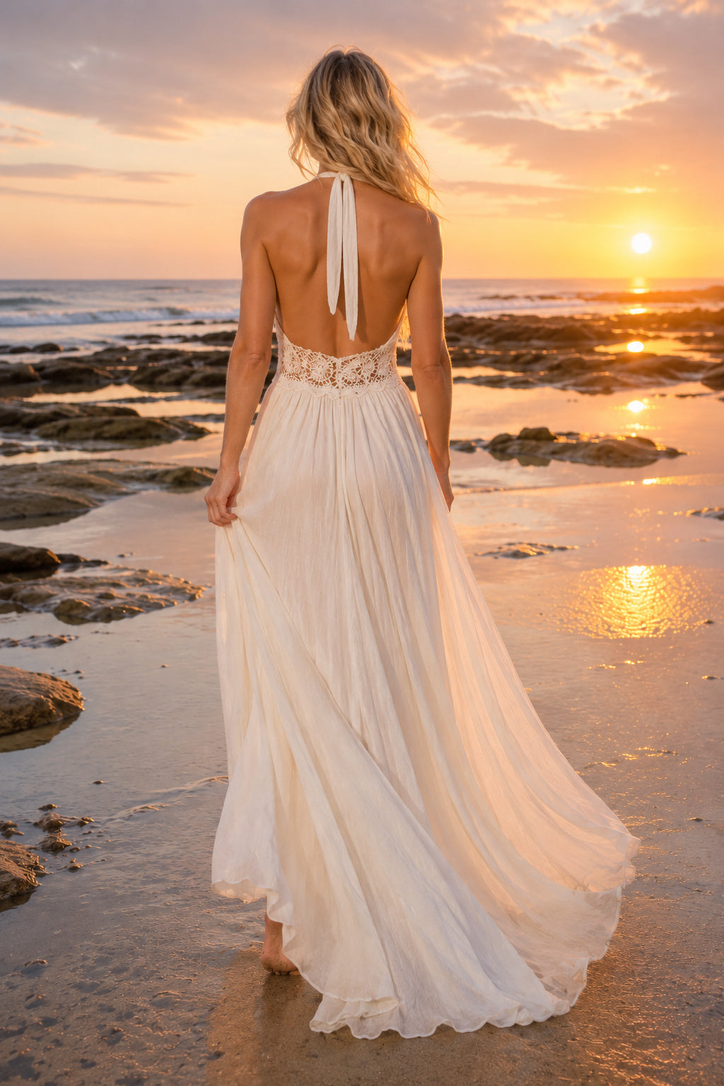 Ivory Halter V-Neck Chiffon A-Line Wedding Dress Beaded Waist Split for Bridal Ceremony and Reception back view