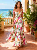 Tropical Floral Off Shoulder Resort Birthday Maxi Dress front view