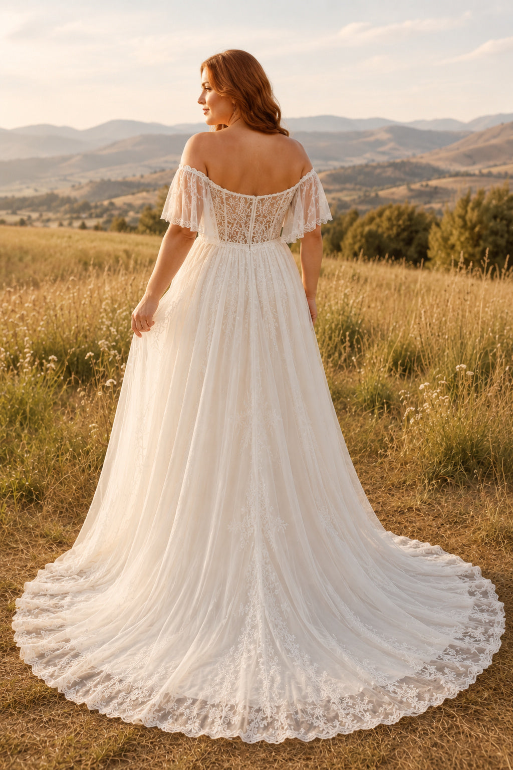 Plus Size Ivory Off-the-Shoulder Sweetheart Flutter Sleeve Lace Tulle A-Line Wedding Dress with Lace Bodice and Soft Chapel T