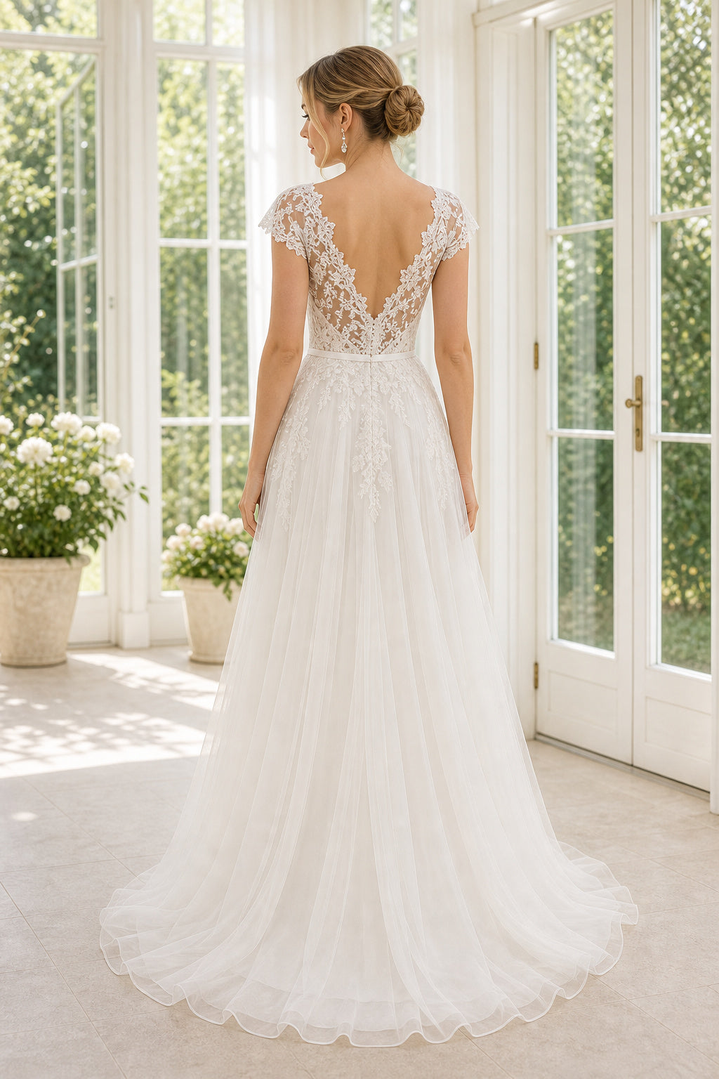 White Scoop Short Sleeves Mermaid Crepe, Lace Floor-length Wedding Dress With Lace and Floral Appliques and Open Back
