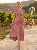 Dusty rose sleeveless satin wrap midi guest dress front view