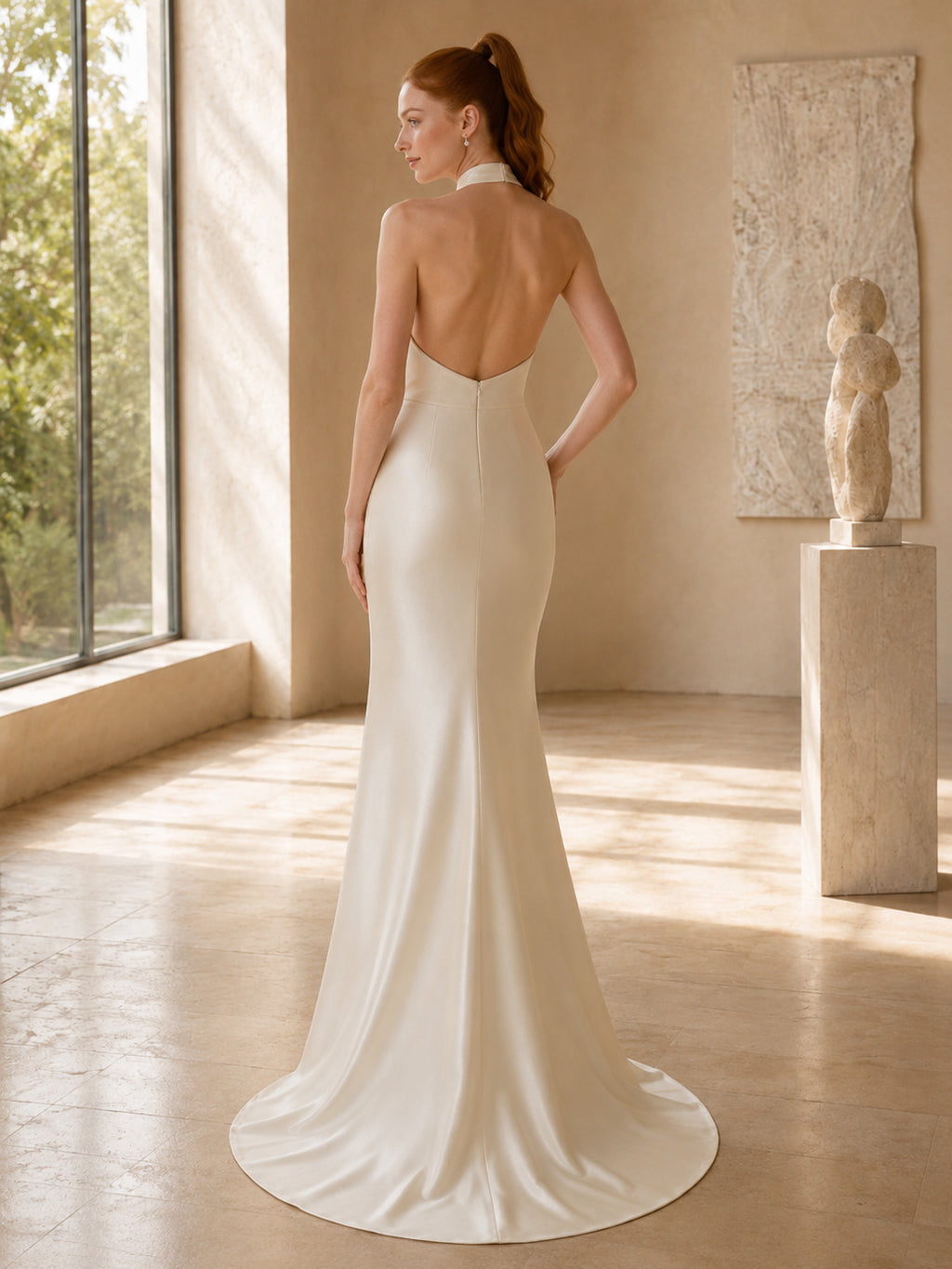 Halter Neck Satin Column Sweep Bridal Gown Floor Length back view