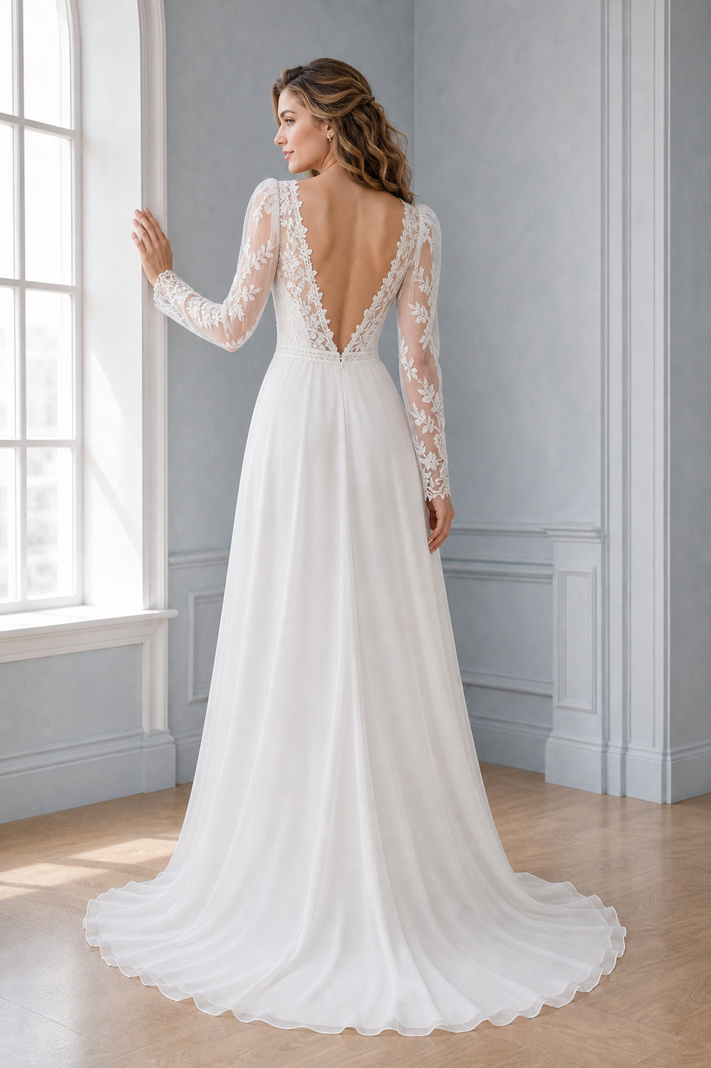 White V-neck A-Line Lace Floor-length Wedding Dress With Lace and Beaded Waist and Open Back