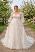 Plus Size Ivory Square Neck Puff Sleeve Lace Tulle A-Line Wedding Dress with Puff Sleeves and Lace Chapel Train front view