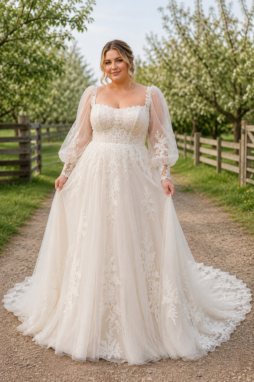 Plus Size Ivory Square Neck Puff Sleeve Lace Tulle A-Line Wedding Dress with Puff Sleeves and Lace Chapel Train front view