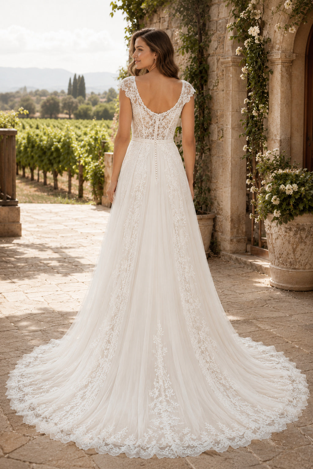 Ivory Cap Sleeve Lace A-Line Wedding Dress with Scoop Neck and Sweep Train back view