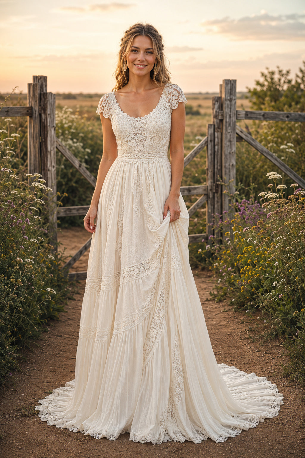 Ivory Scoop Neck Cap Sleeve Lace A-Line Wedding Dress with Soft Skirt and Train front view