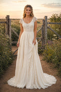 Ivory Scoop Neck Cap Sleeve Lace A-Line Wedding Dress with Soft Skirt and Train front view