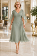Sage V-Neck Tea Length Chiffon Mother Dress with Flutter Cape Sleeves for Evening Reception front view