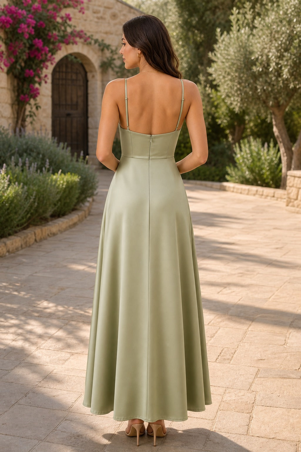 Sage Strapless Ankle-Length Satin A-Line Dress