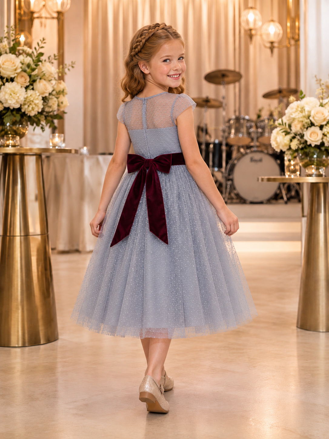 Slate Blue Flower Girl Dress Tea-Length Sparkle Tulle A-Line Illusion Jewel Cap Sleeve Burgundy Velvet Bow back view