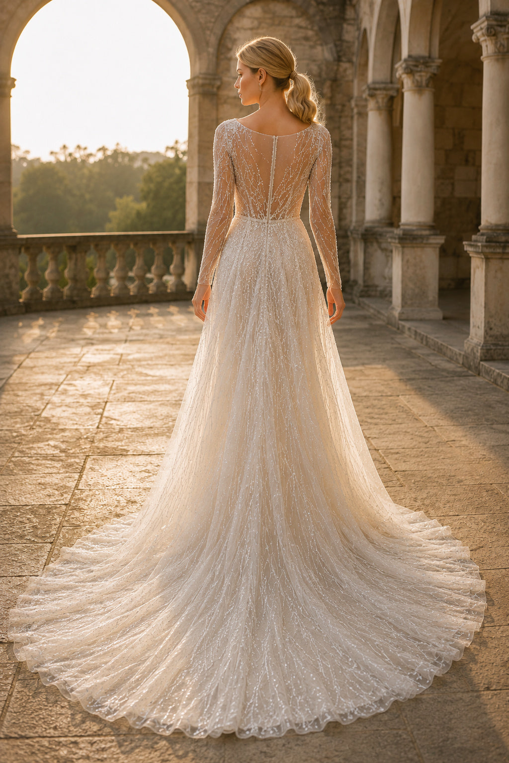 Ivory V-Neck Lace A-Line Wedding Dress with Chapel Train back view