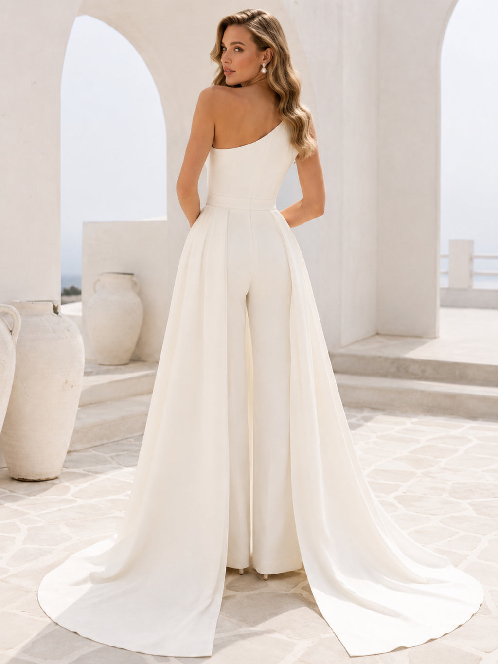 Minimalist Satin Wedding Jumpsuit One Shoulder Sleeveless Overskirt Sweep Train back view