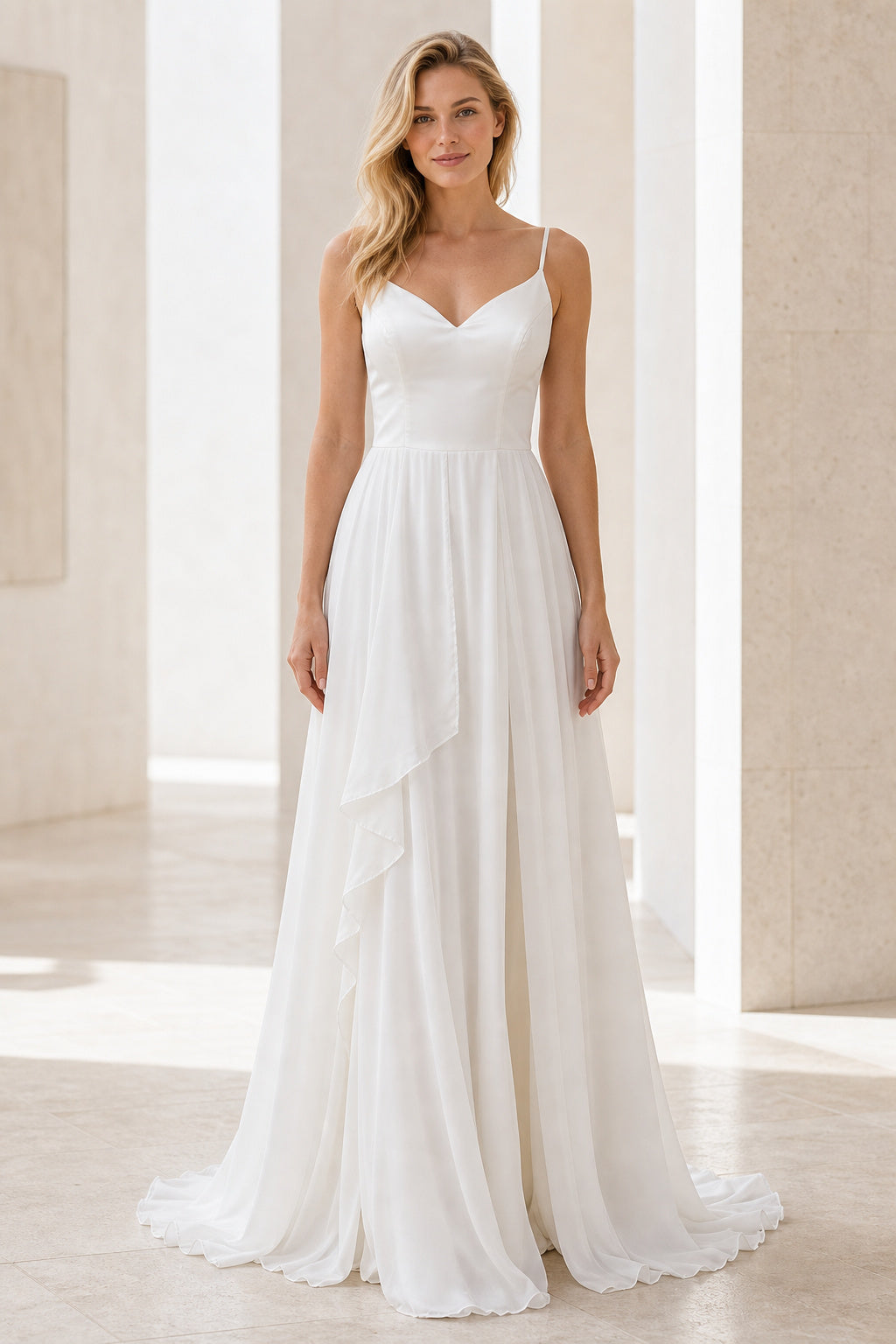 White V-neck Flutter Sleeves Sheath Chiffon Floor-length Wedding Dress With Pleated Skirt and Layered Skirt and Open Back