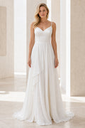 White V-neck Flutter Sleeves Sheath Chiffon Floor-length Wedding Dress With Pleated Skirt and Layered Skirt and Open Back