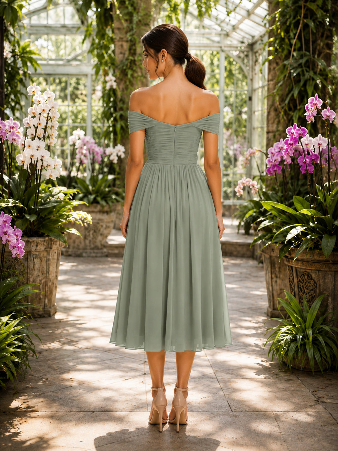 Sage Botanical Garden Wedding Guest Dress A-Line Chiffon Off Shoulder Sleeveless Tea-Length Pleated back view