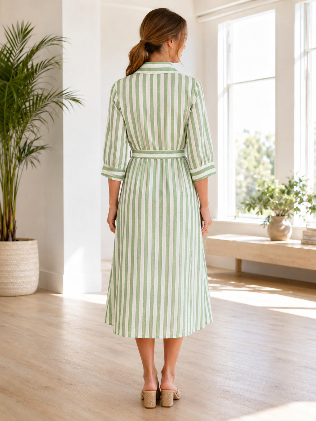 Green Striped Shirt Collar Belted Casual Midi Dress back view