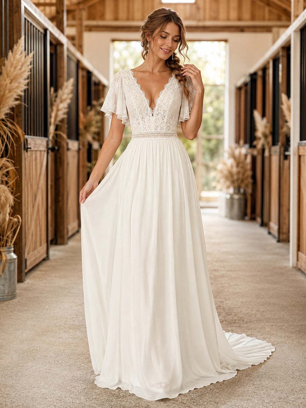 Country Chiffon Wedding Dress A-Line Sweetheart Flutter Sleeve Floor Length Low V Back Bridal Gown front view