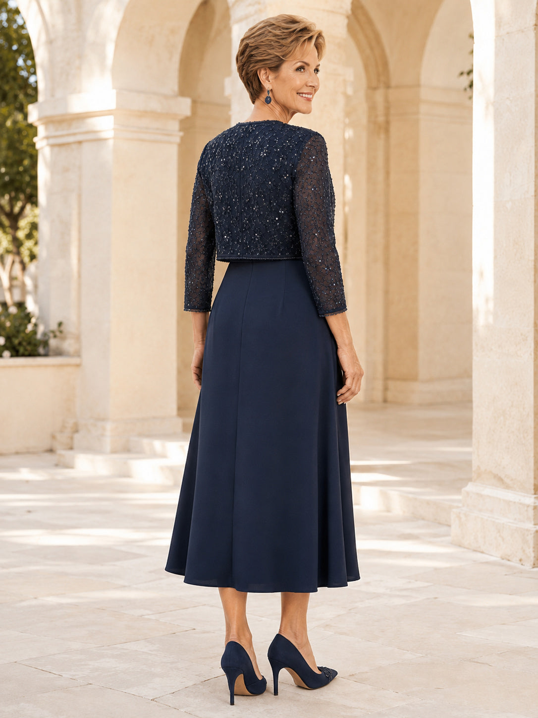 Dark Navy Luxury Sequin-Bolero Draped Chiffon Tea-Length A-Line Mother of the Bride Dress back view