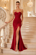 Red Strapless Red Mermaid Gown with Ruched Bodice and Side Slit Floor Length And Sweep/Brush Train Mermaid Trumpet Prom Dress