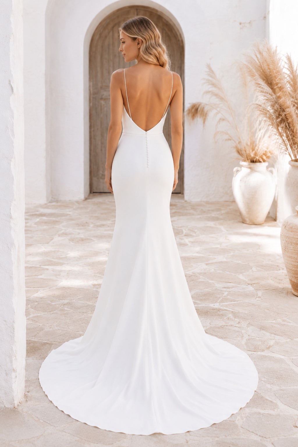 White Spaghetti Strap Stretch Satin Mermaid Wedding Dress with Cowl Neck and Train back view