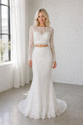 White Illusion Long Sleeves Two-Piece Lace Floor-length Wedding Dress With Lace and Two-Piece and Open Back