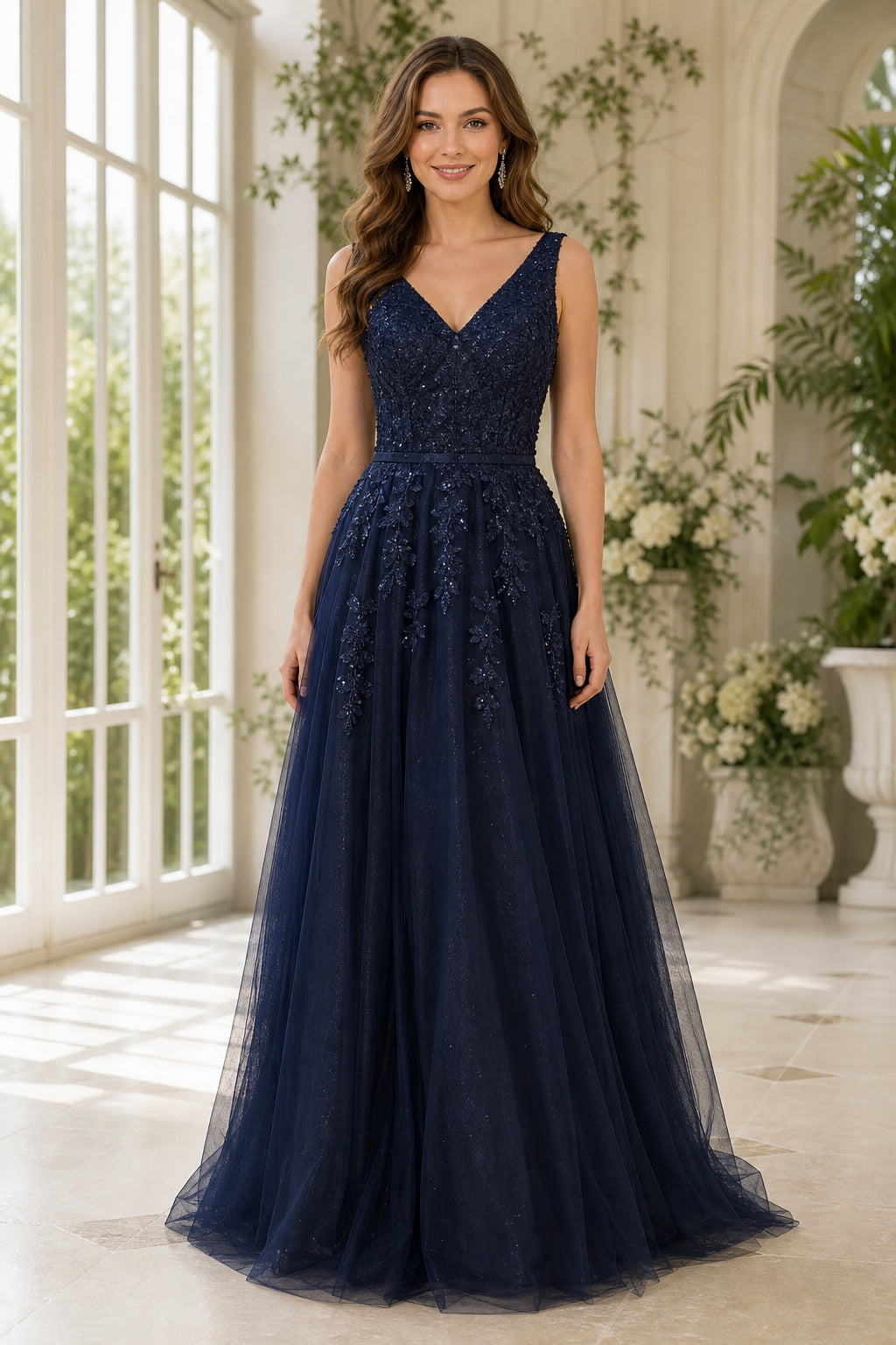 Navy V-neck Sleeveless A-Line Tulle Floor-Length Dress With Lace Bodice