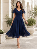 Dark Navy V Neck Flutter Sleeve Chiffon Cocktail Dress front view
