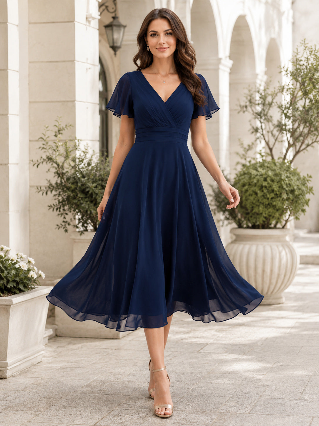 Dark Navy V Neck Flutter Sleeve Chiffon Cocktail Dress front view