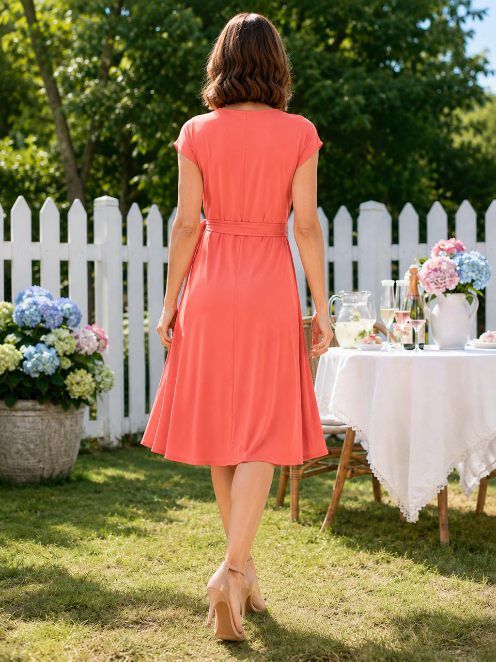 Coral Sleeveless Surplice Wrap Knee Length Garden Party Dress back view