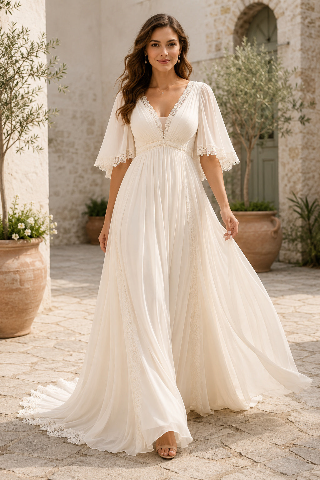Ivory Simple V-Neck A-Line Chiffon Wedding Dress with Flutter Sleeves and Sweep Train front view