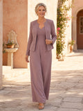 Mother Vintage Mauve Chiffon Pantsuit with Scoop Neck Tailored Jacket and Wide Leg Pants front view