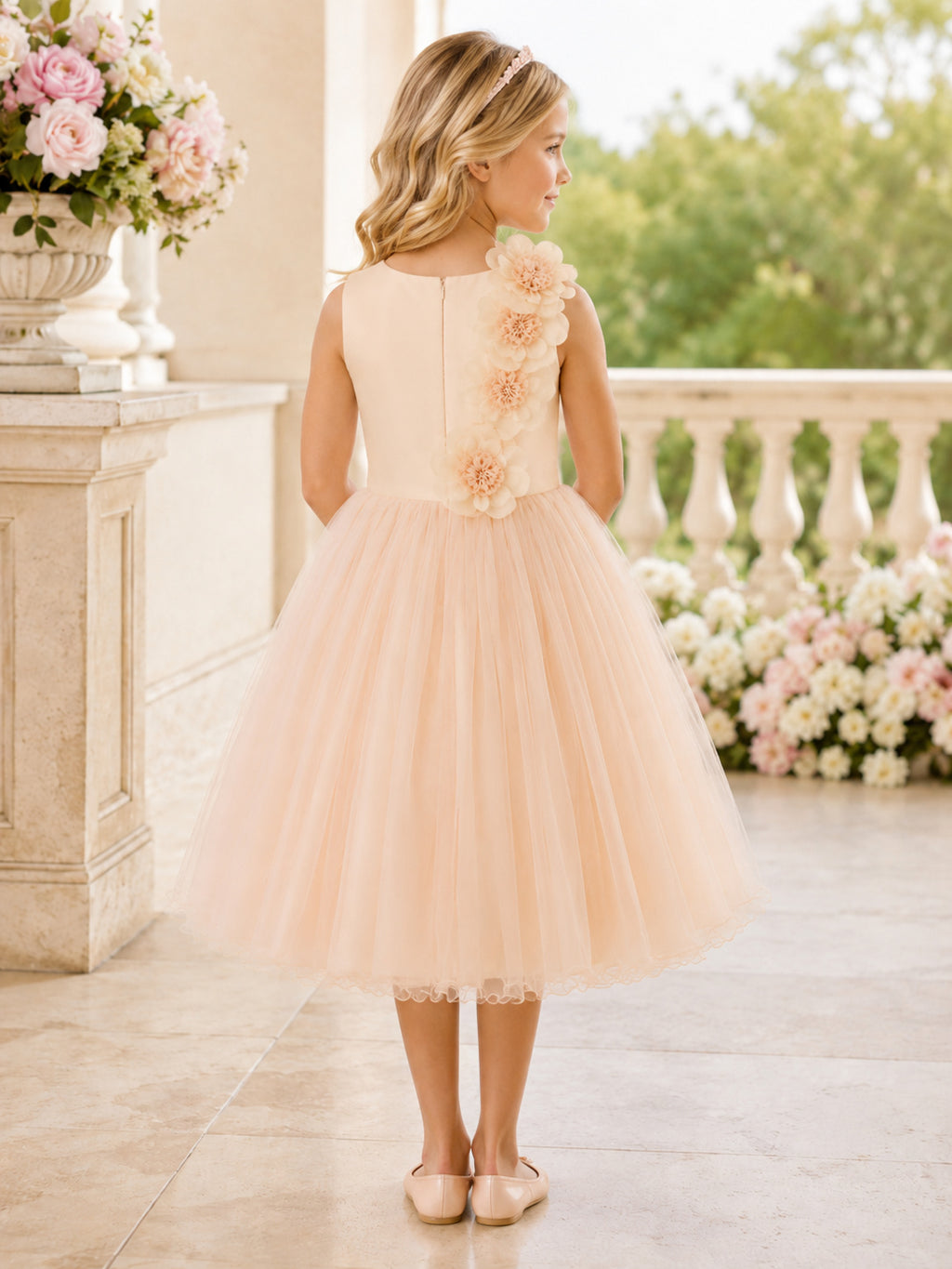 Petal Tulle A-Line Flower Girl Dress with Sleeveless, jewel Neckline, and Tea length Skirt with Floral Detail back view