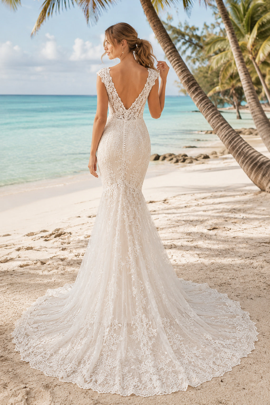 Ivory Strap V-Neck Lace Mermaid Wedding Dress Chapel Train for Bridal Ceremony and Reception back view