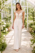 White Cap Sleeve Lace Bodice Bridal Jumpsuit front view