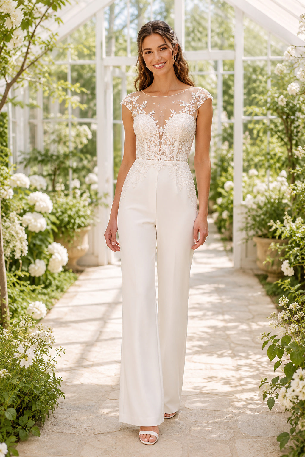 White Cap Sleeve Lace Bodice Bridal Jumpsuit front view