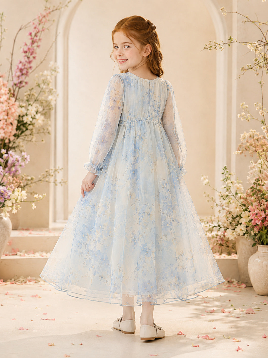 Sky Blue Floral Chiffon Long Sleeve Tulle A-Line Tea-Length Garden Flower Girl Dress back view