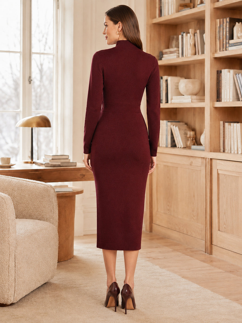 Burgundy long sleeve high neck bodycon knit winter dress back view