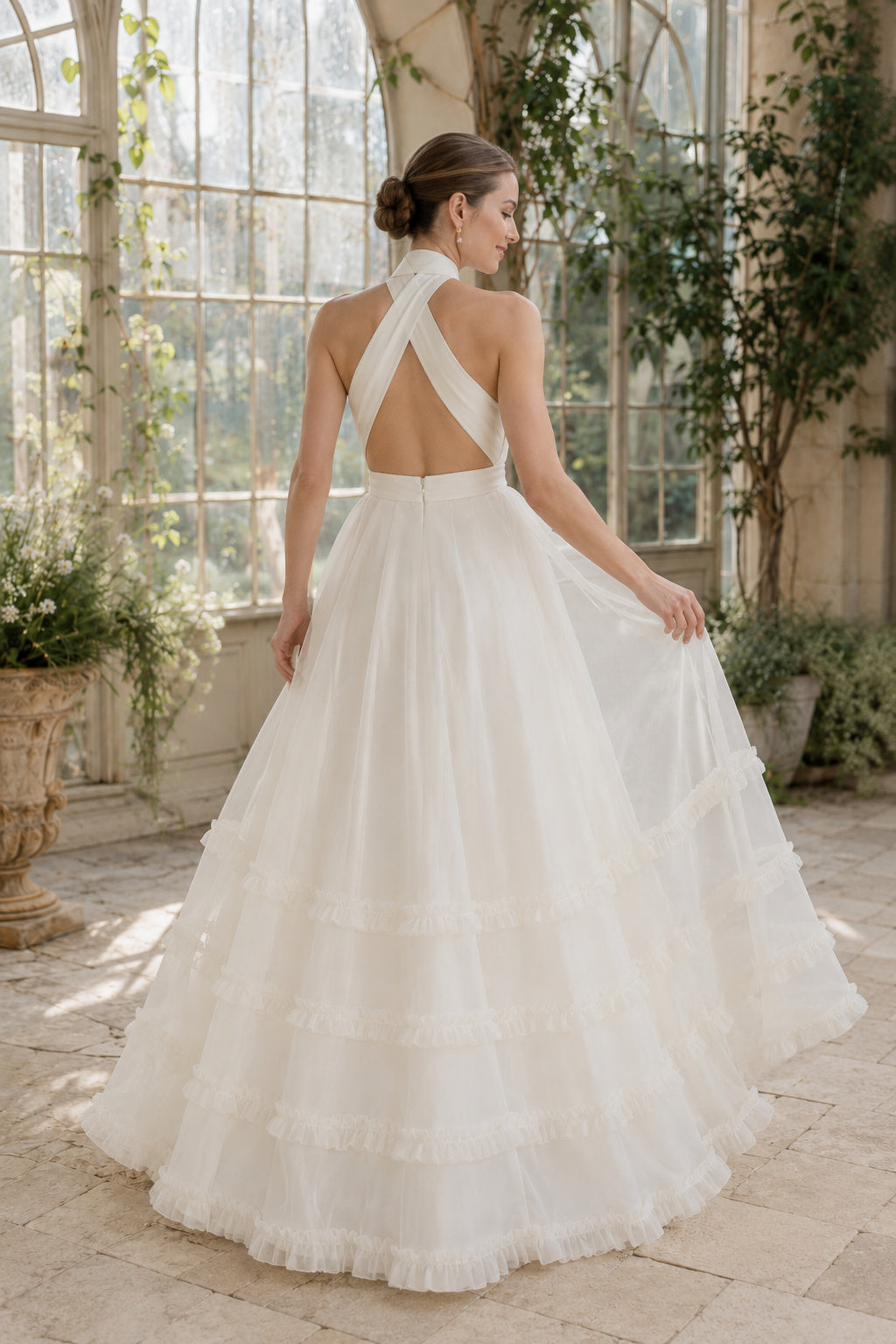 Wedding Ball Gown with Halter Neck, Open Back, and Tiered Tulle Skirt back view