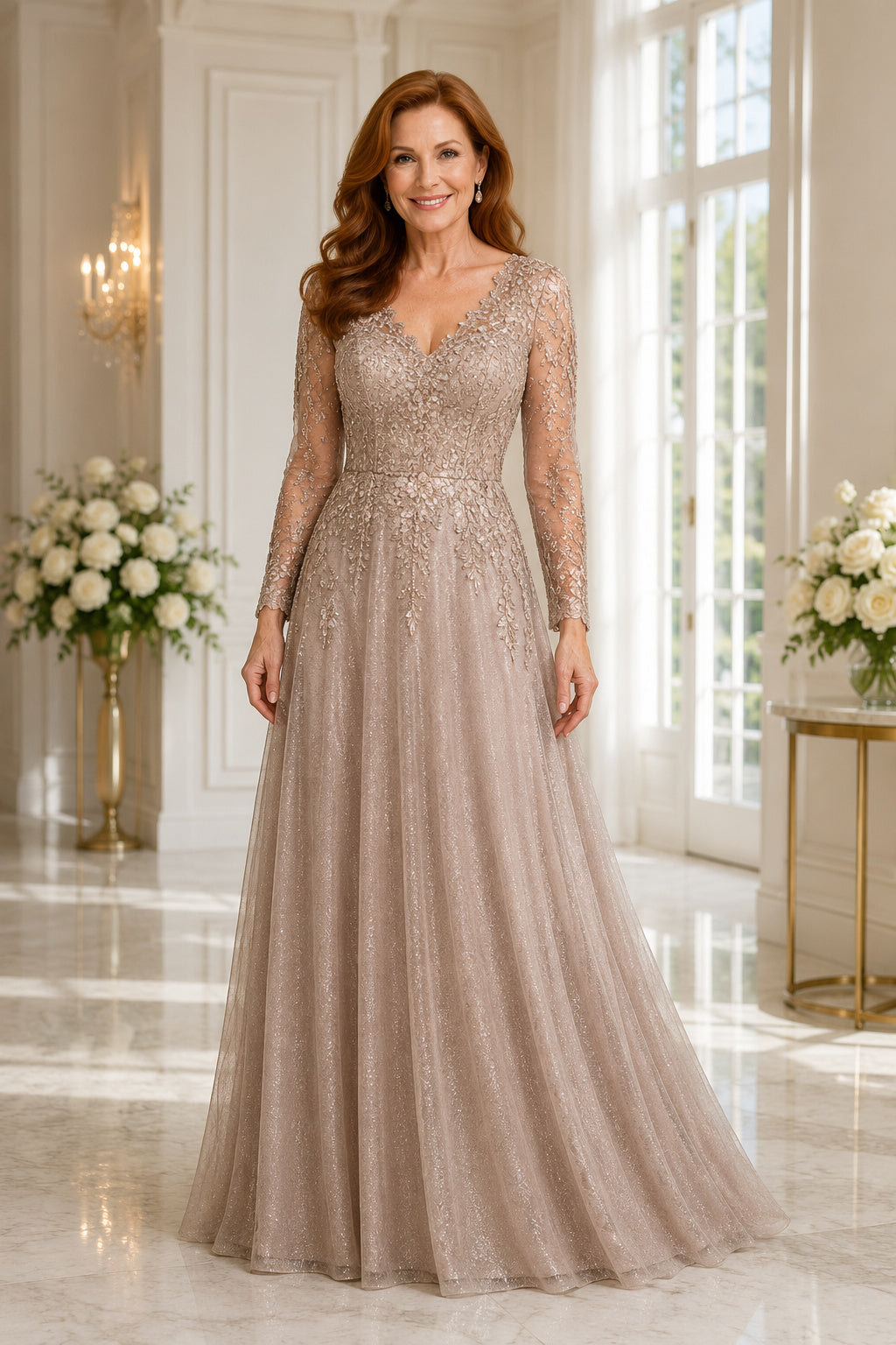 Taupe V-Neck A-Line Mother Dress with Beaded Lace Bodice and Tulle Skirt for Evening Reception front view