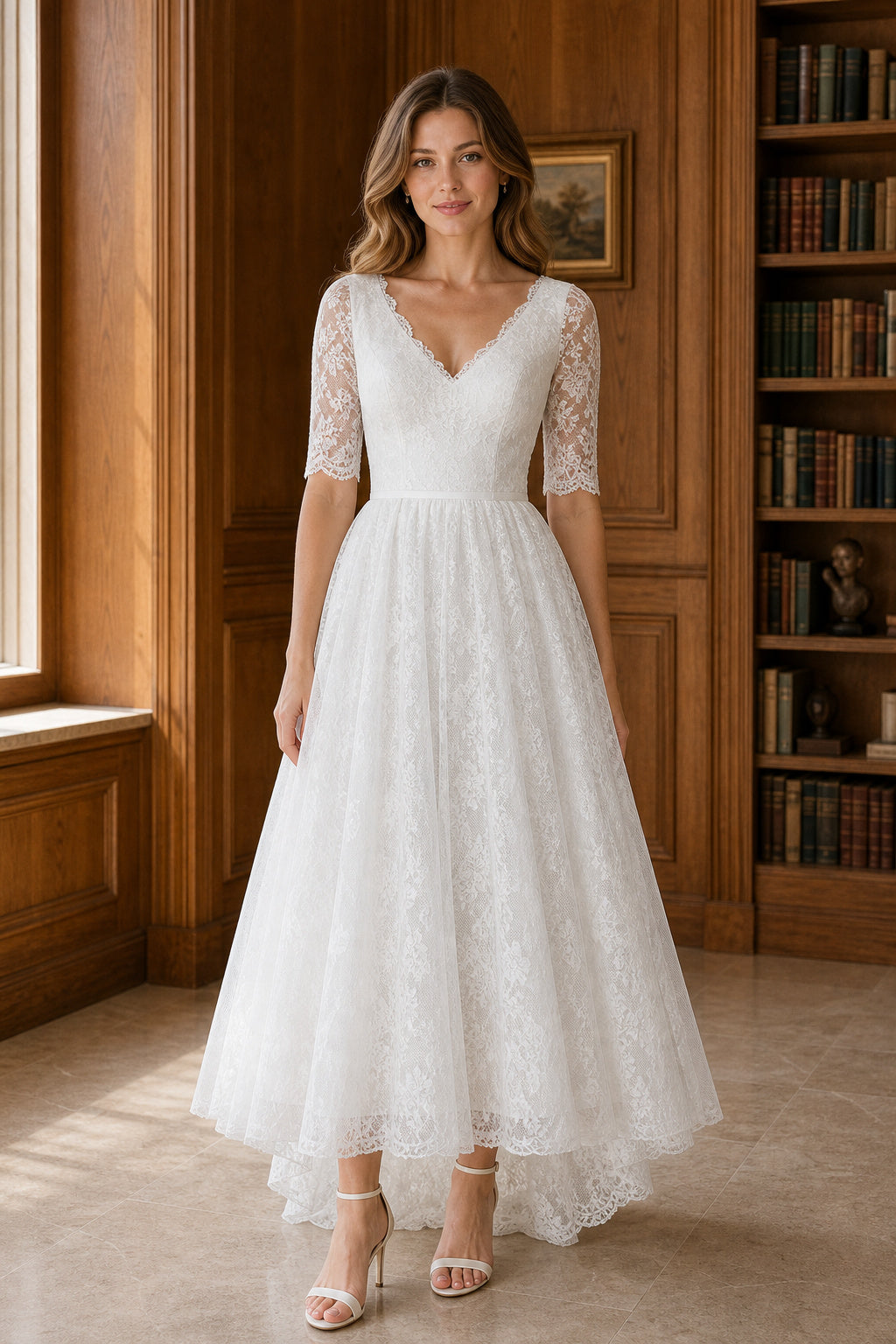 White V-neck Half Sleeves Mermaid Lace Tea-length Dress With Lace