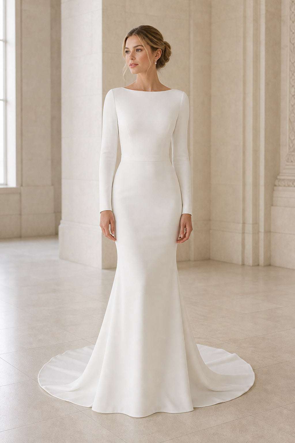 Champagne Bateau Short Sleeves Mermaid Crepe, Lace Floor-length Wedding Dress With Lace and Floral Appliques and Open Back