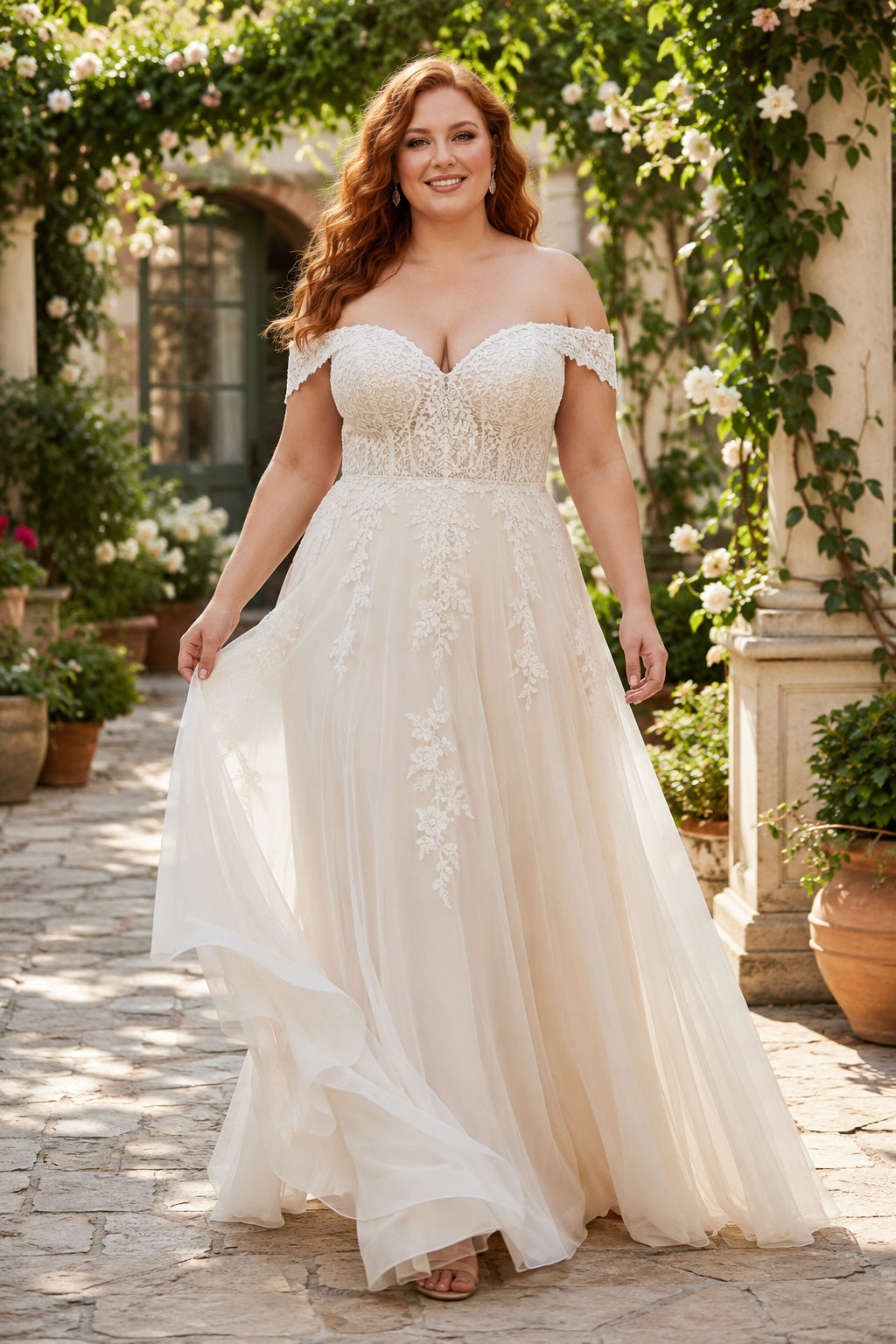 Plus Size Off-the-Shoulder Lace Tulle A-Line Wedding Dress with Chapel Train front view