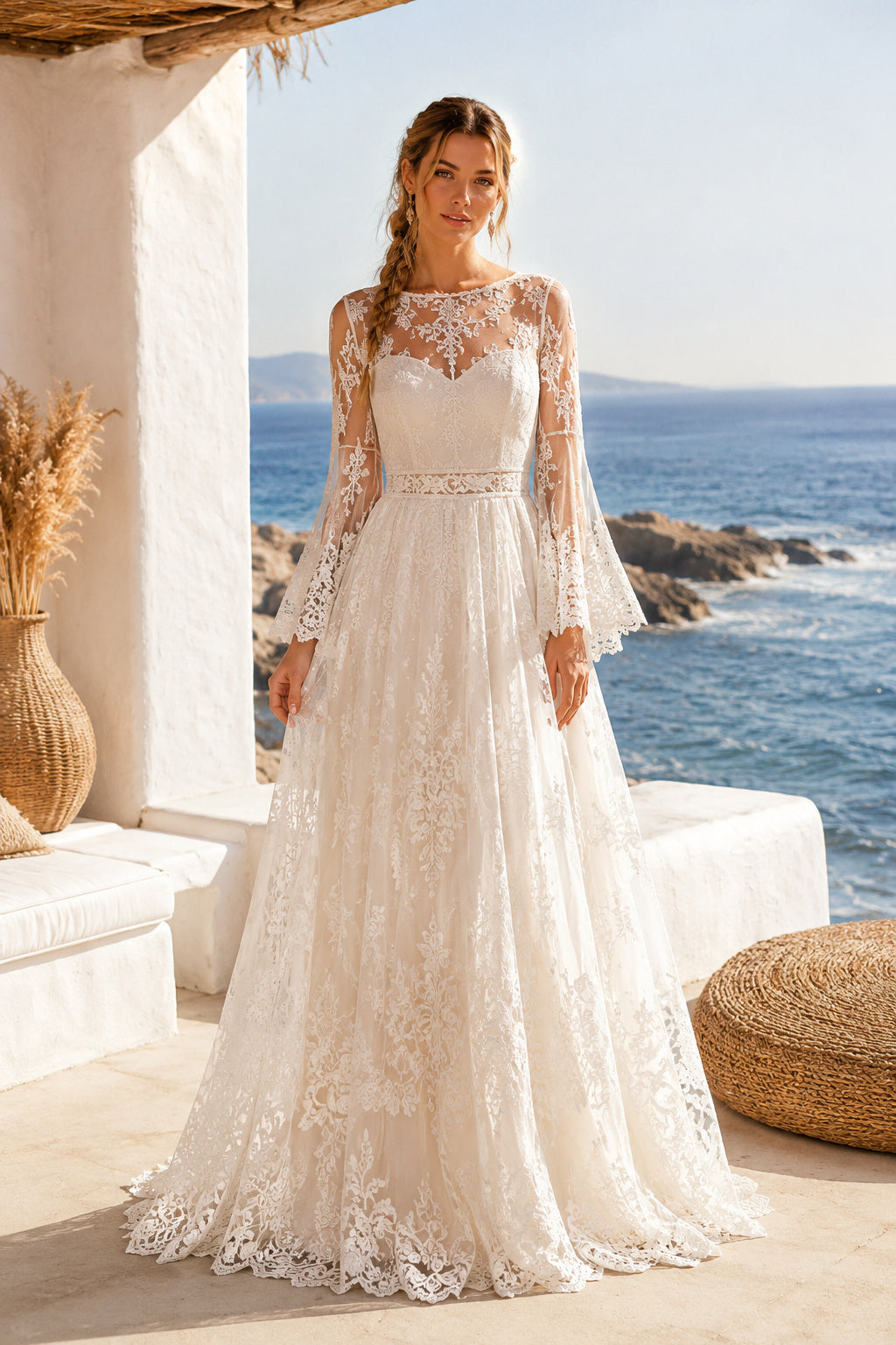 Ivory High Neck Long Bell Sleeve Lace A-Line Wedding Dress Keyhole Back for Bridal Ceremony and Reception front view