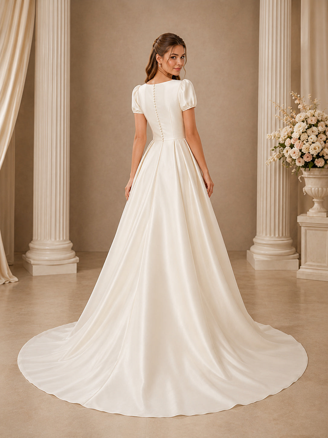 Bateau Short Sleeve Satin A Line Chapel Bridal Gown back view