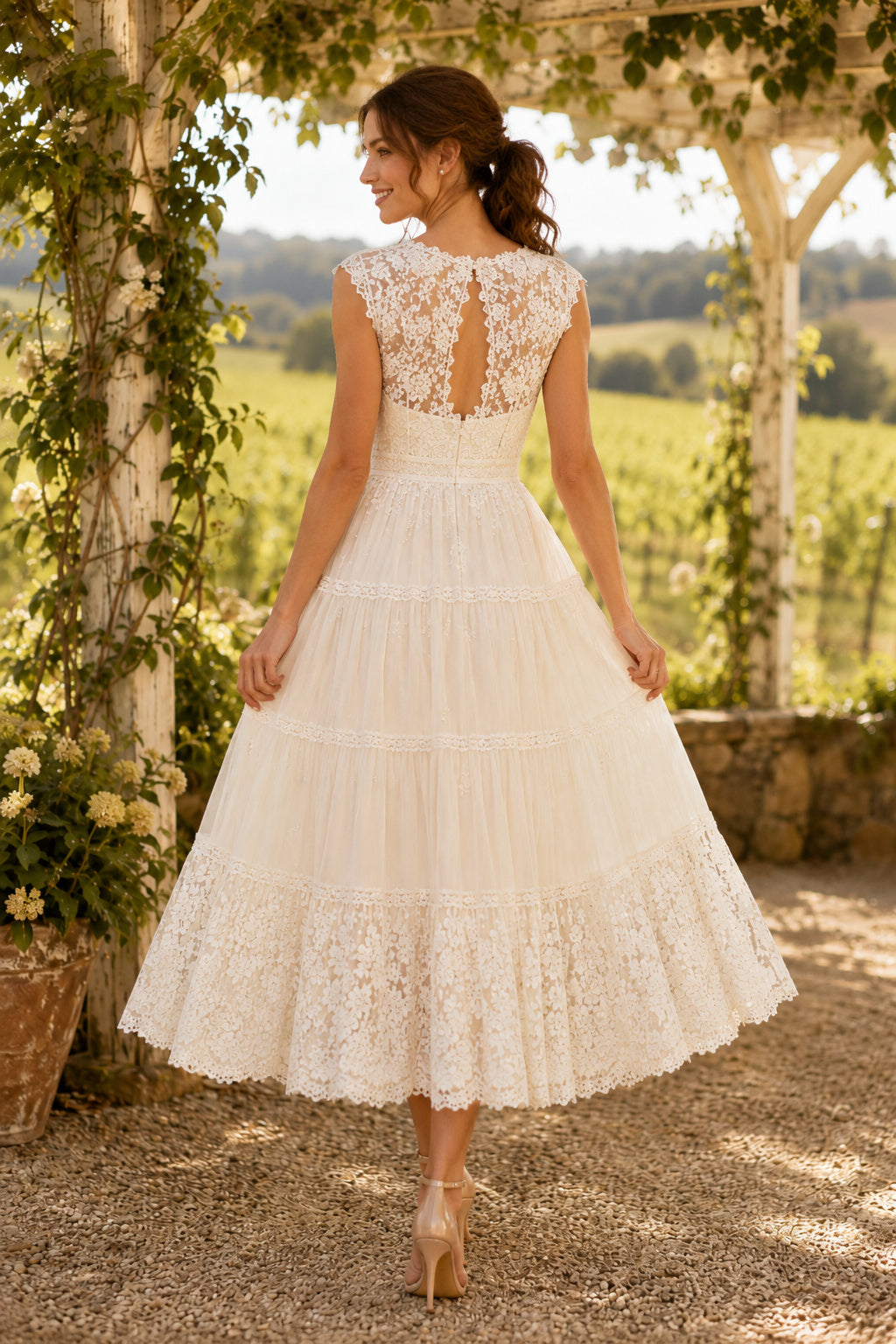 Ivory Bateau Cap Sleeve Lace Tiered Tea Length Wedding Dress for Wedding Ceremony and Reception back view