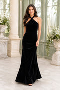 Black Halter Velvet Mermaid Evening Gown With Criss Cross Neckline And Open Back Evening Dress front view